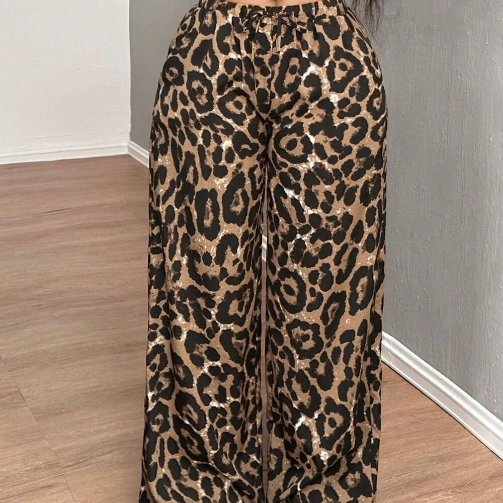 Rust Brown Casual Leopard Print Women's Baggy Pants - Picture 5 of 8